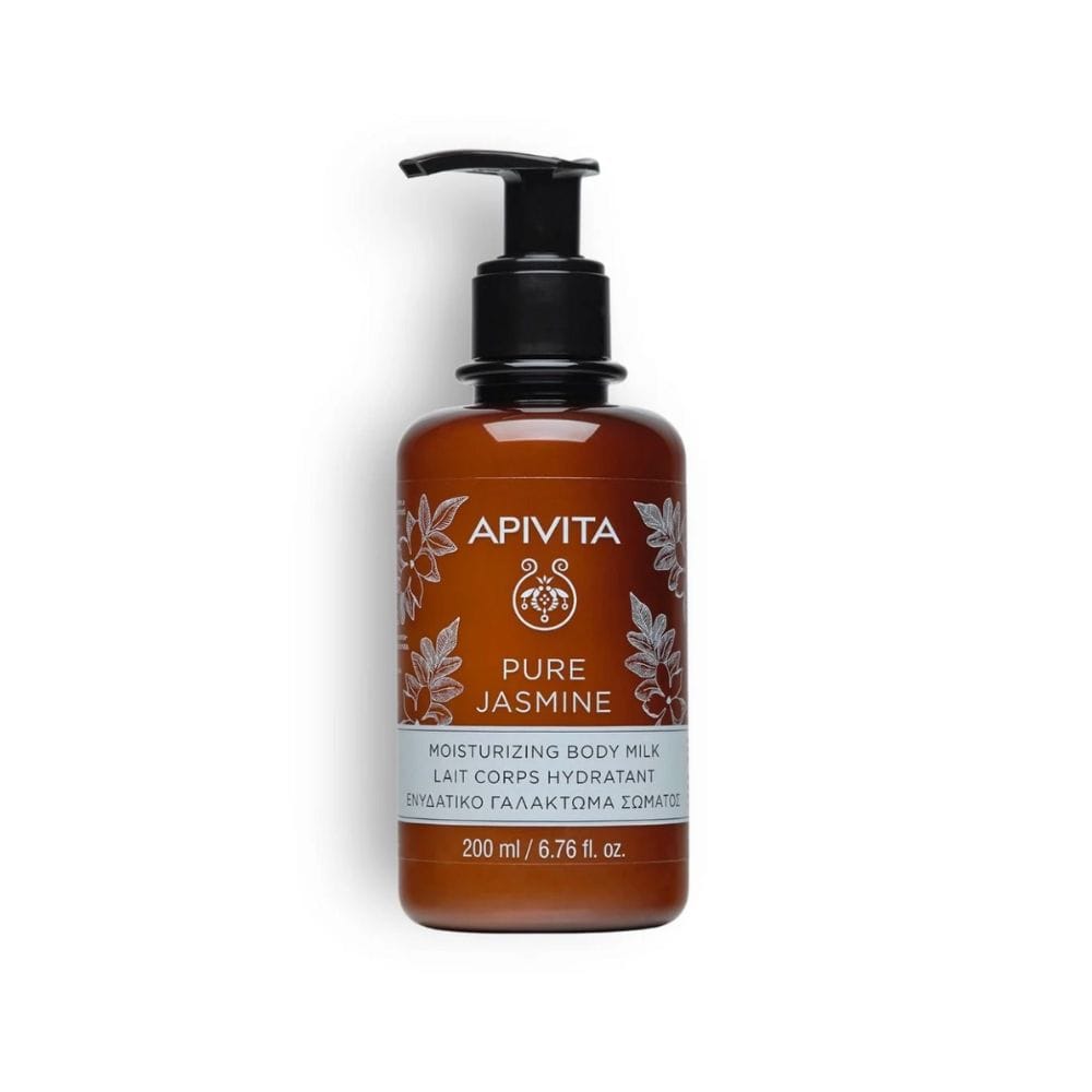 APIVITA Pure Jasmine moisturizing body milk bottle on a white background