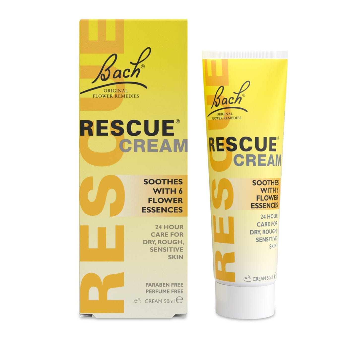 Bach Rescue Cream packaging with yellow and white design on a white background
