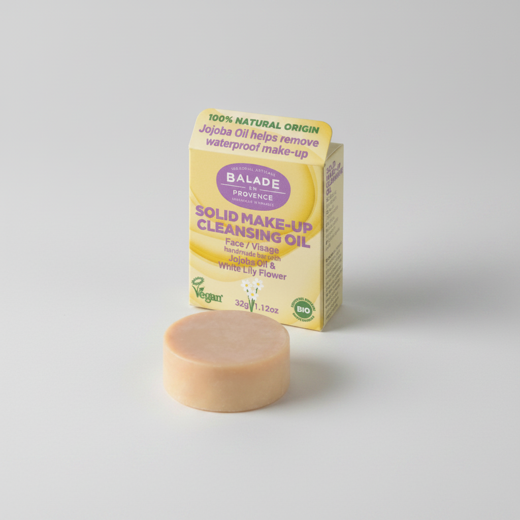 A bar of Balade Provence Solid Make-Up Cleansing Oil in a light peach-beige color, shown in front of its yellow and purple packaging box on a white background.