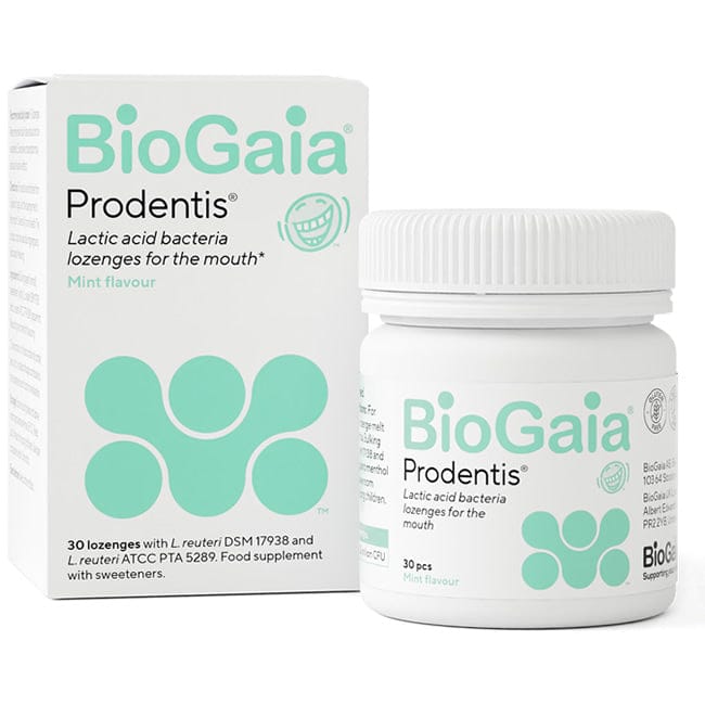 BioGaia Prodentis packaging with lozenge container on a white background