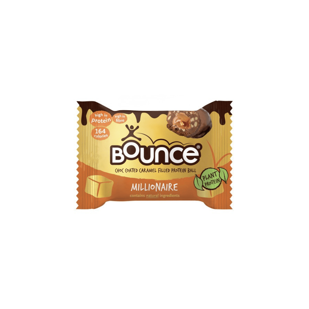 Bounce Millionaire protein ball packaging on a white background