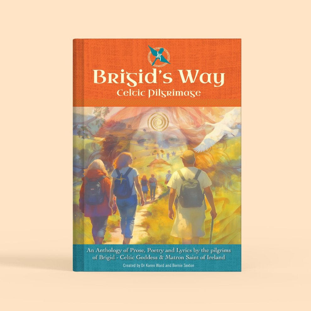Book cover of 'Brigid's Way: Celtic Pilgrimage' with people walking in a scenic landscape.