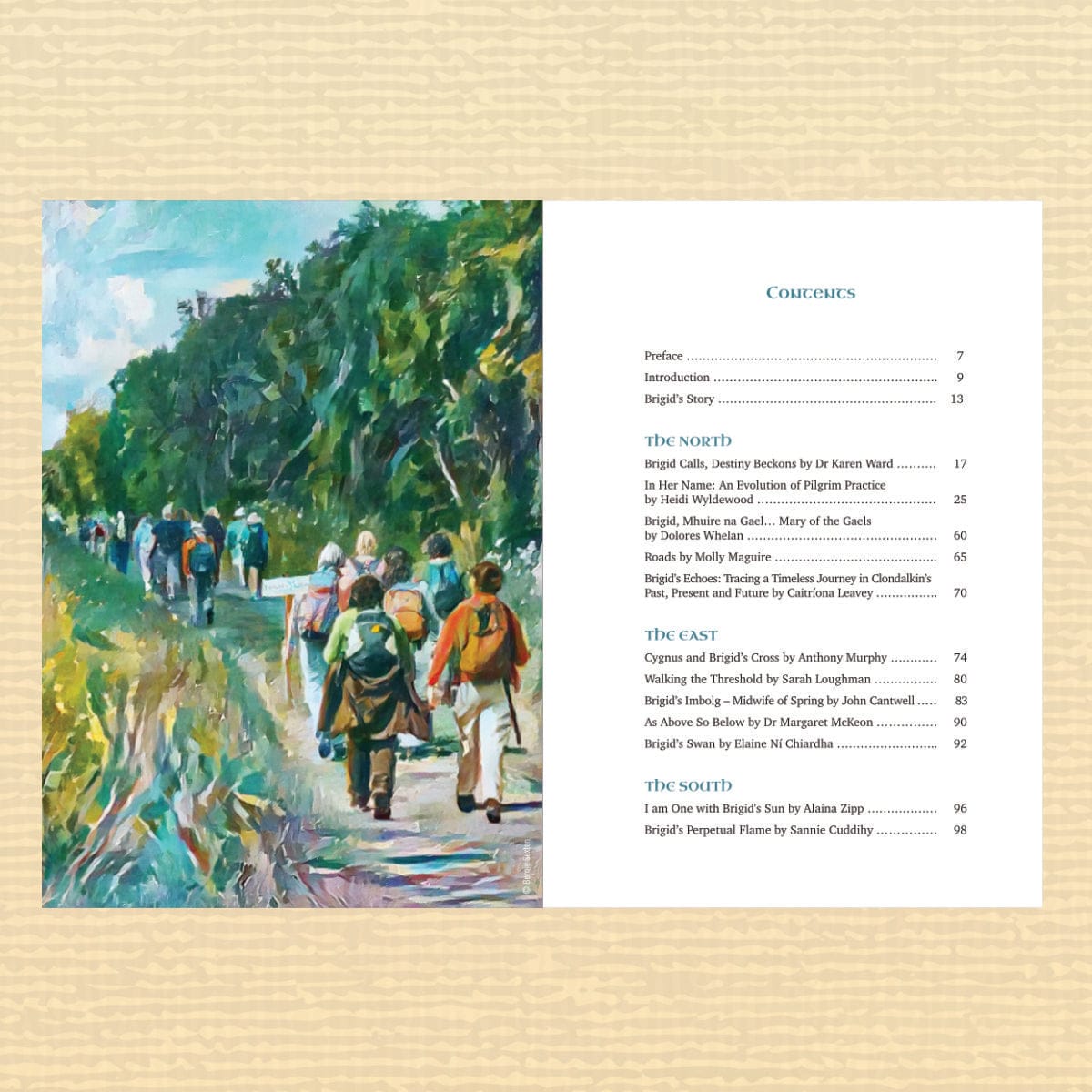 Book interior with painting of people hiking and table of contents on a beige background