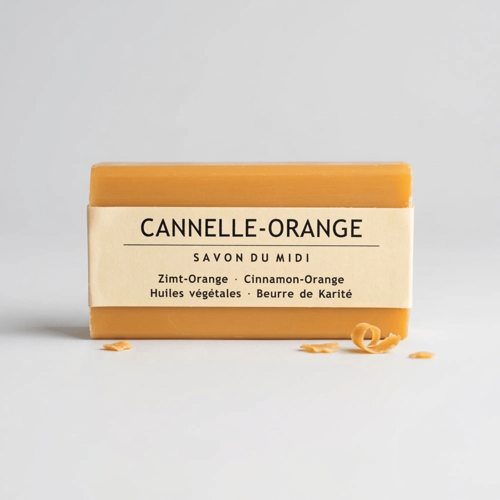 A rectangular bar of Cannelle-Orange soap with a cream-colored paper label, set against a plain white background.