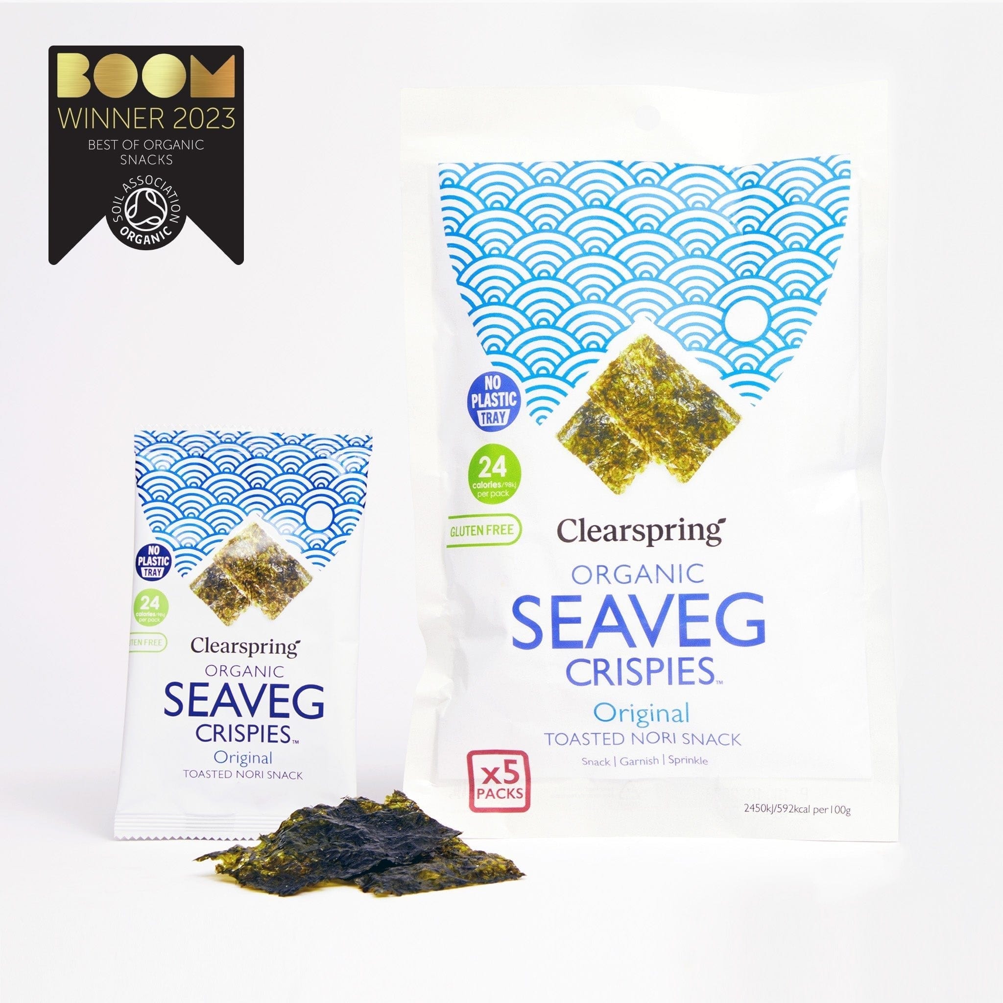 Clearspring Organic Seaveg Crispies packaging with product and branding details on a white background