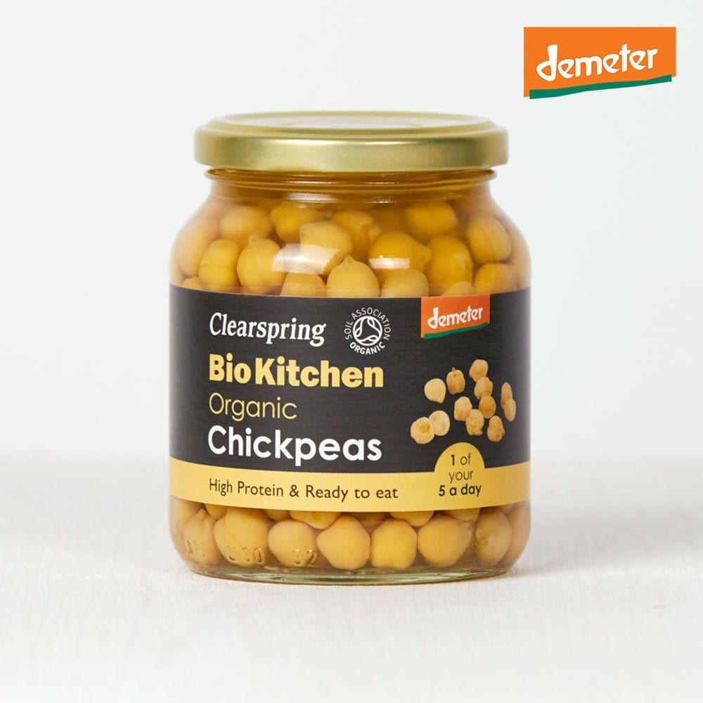 Jar of Clearspring Bio Kitchen Organic Chickpeas with Demeter logo on a white background