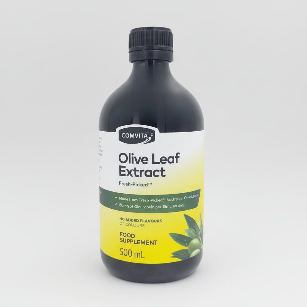 Bottle of Comvita Olive Leaf Extract on a white background
