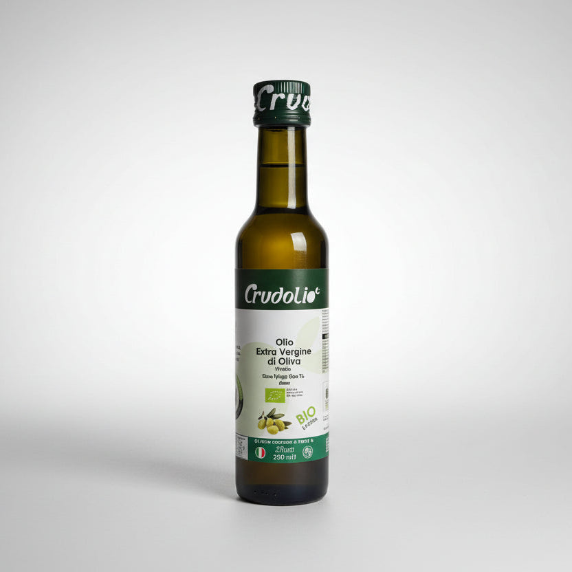 Bottle of CrudoLio olive oil on a white background