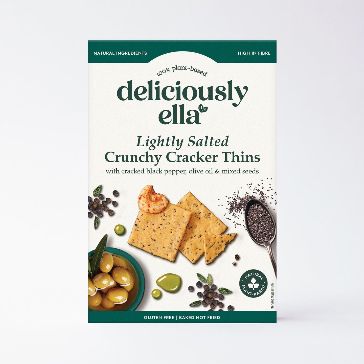 Package of deliciously ella lightily salted crunchy cracker thins on a white background