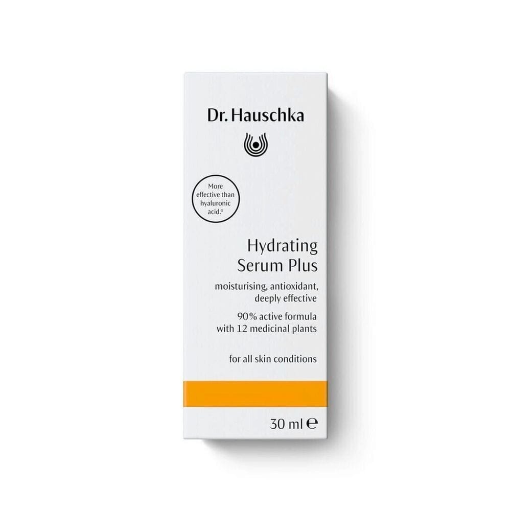 A 30 ml box of Dr. Hauschka Hydrating Serum Plus, featuring a clean white packaging design with black text and a bright orange accent band near the bottom, set against a plain white background.