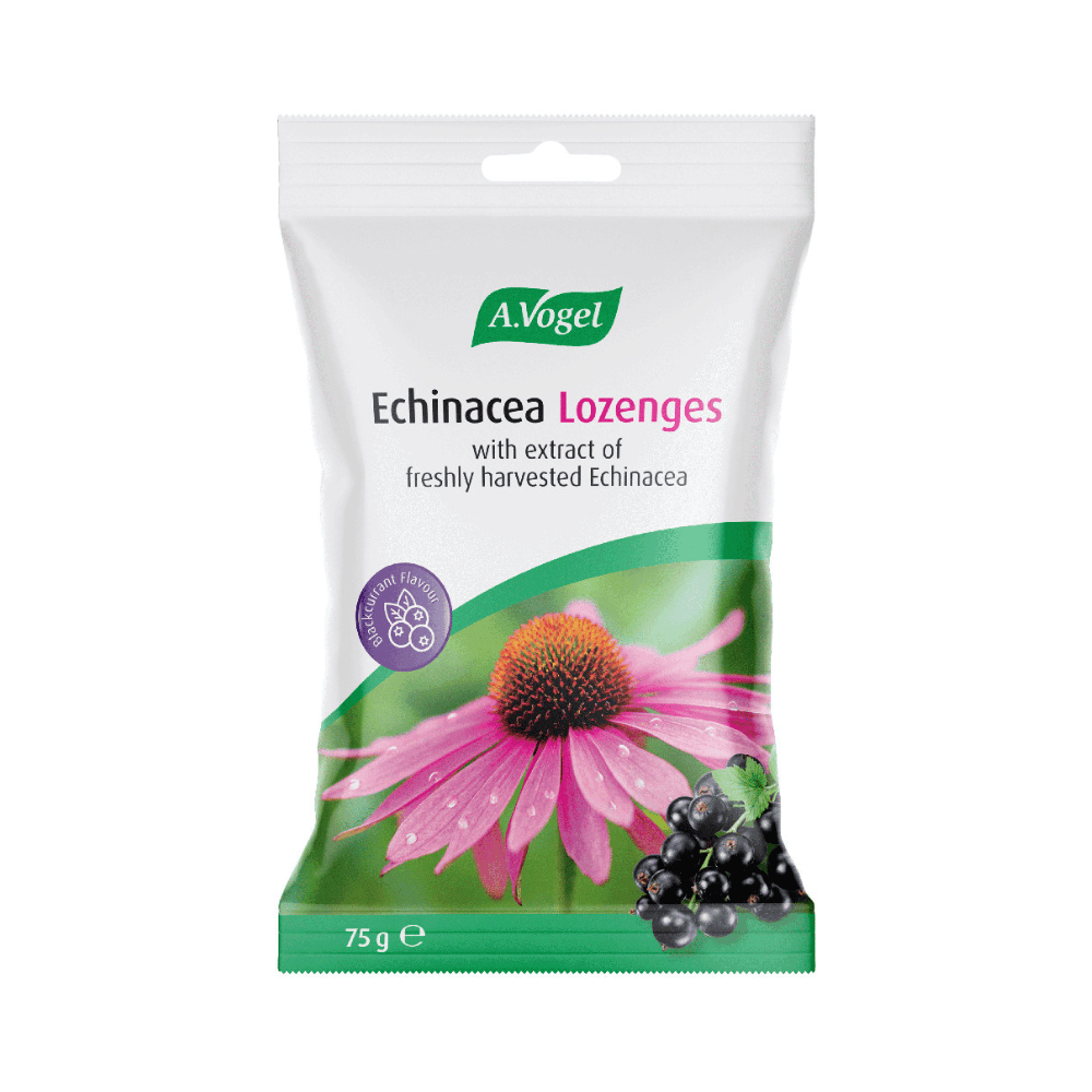 A 75g package of A.Vogel Echinacea Lozenges, featuring a white and green bag with an illustration of a pink echinacea flower and dark berries.