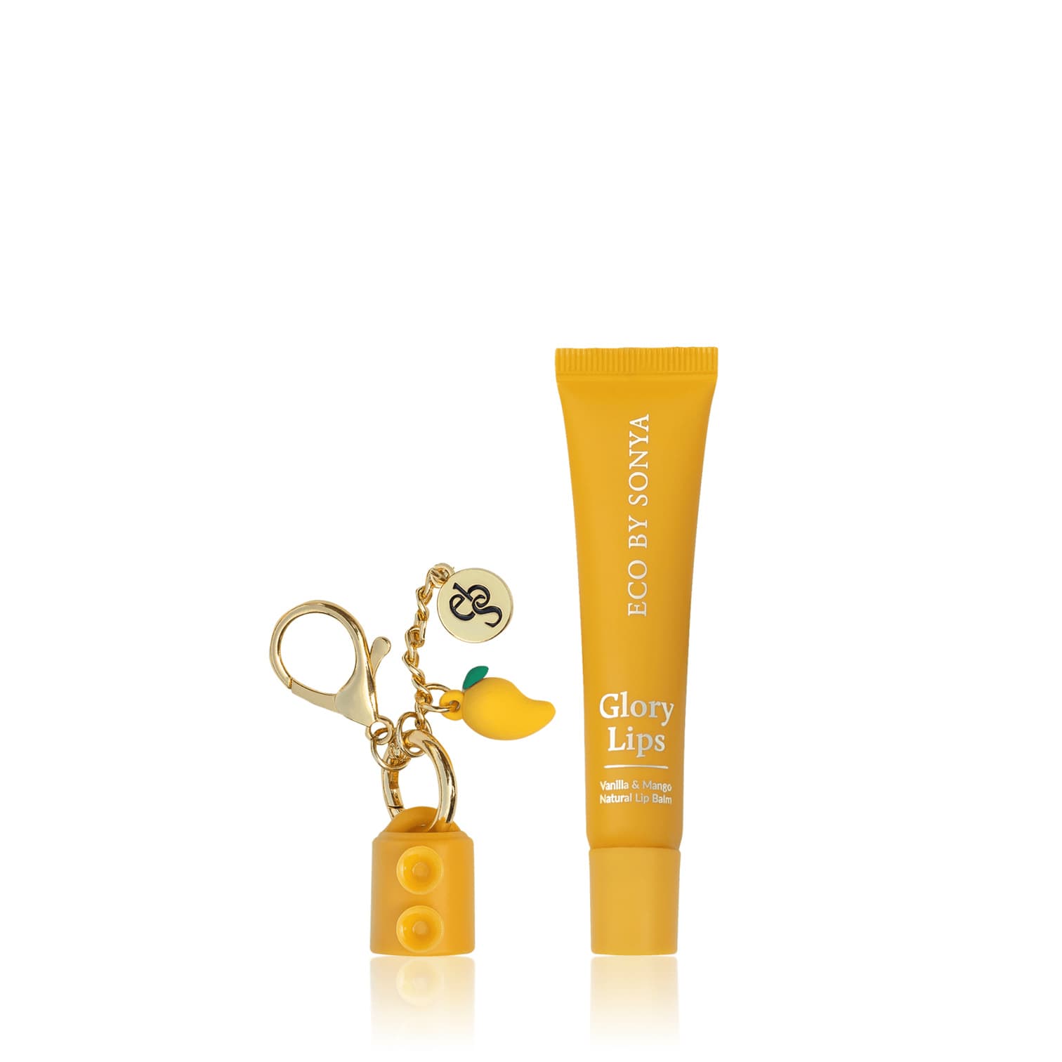 Eco By Sonya lipbalm tube with keychain on a white background