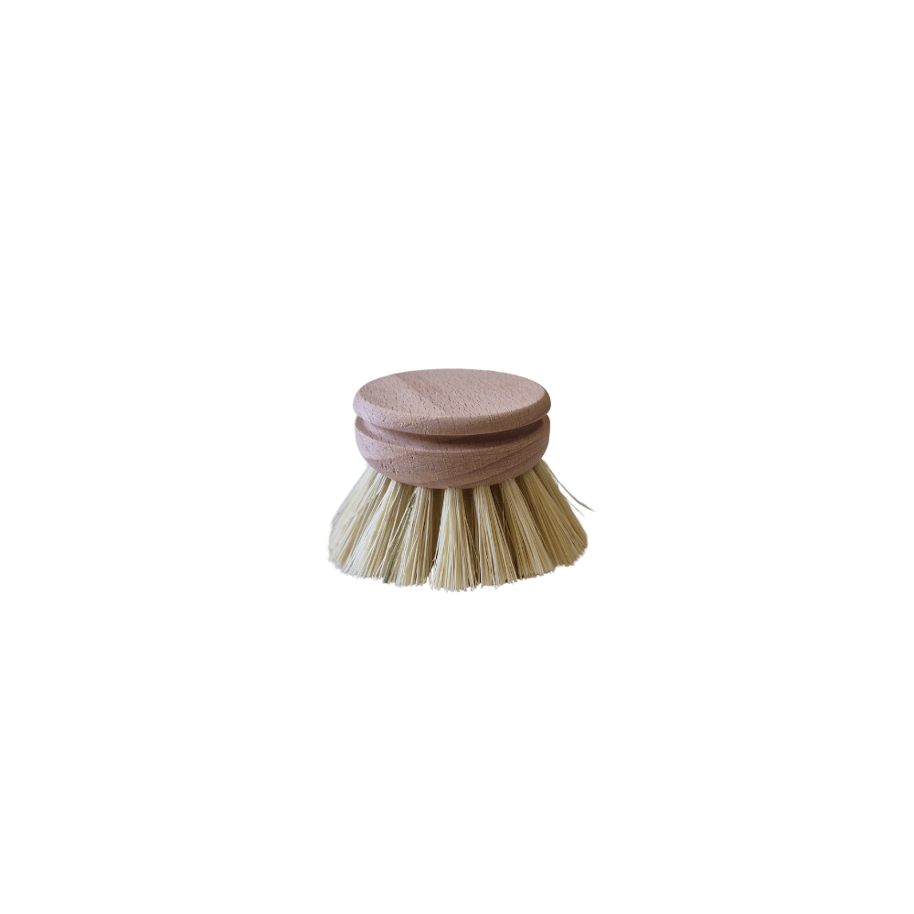 A small round hand brush with a light brown wooden handle and natural beige bristles, centered on a plain white background.