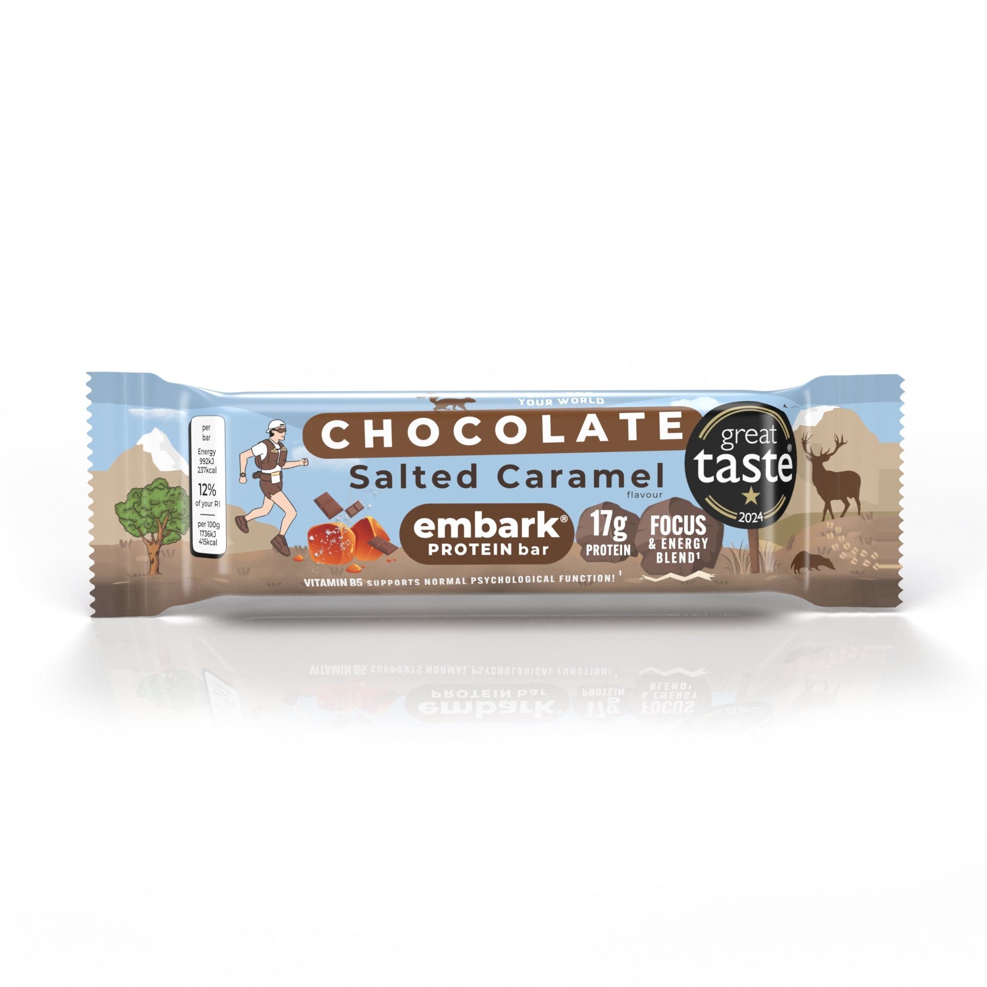 Em bark Protein Bar in chocolate salted caramel flavor packaging on a white background