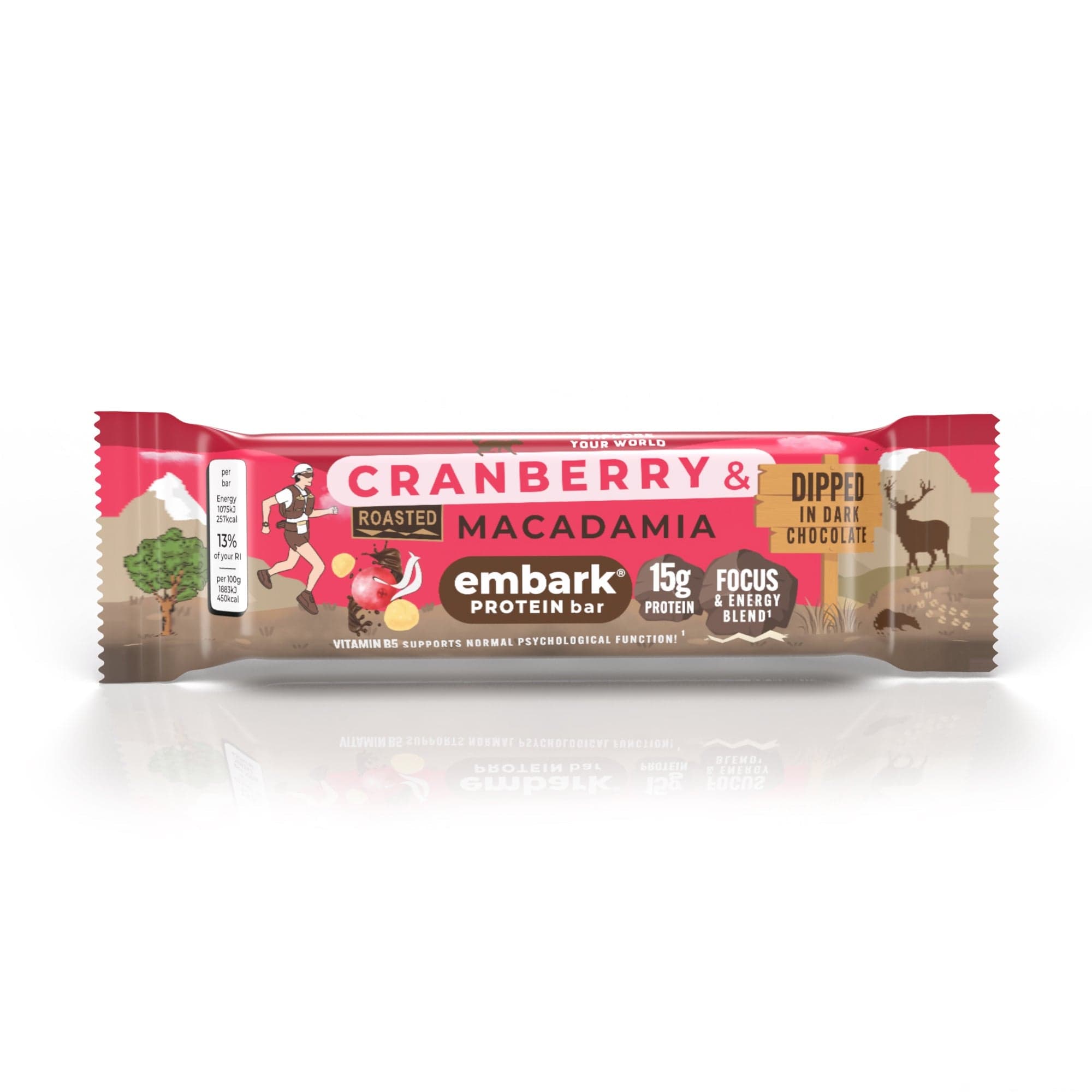 Protein bar packaging with cranberry and macadamia flavor on a white background