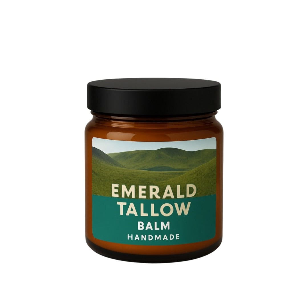 Jar of Emerald Tallow Balm with a scenic label on a white background