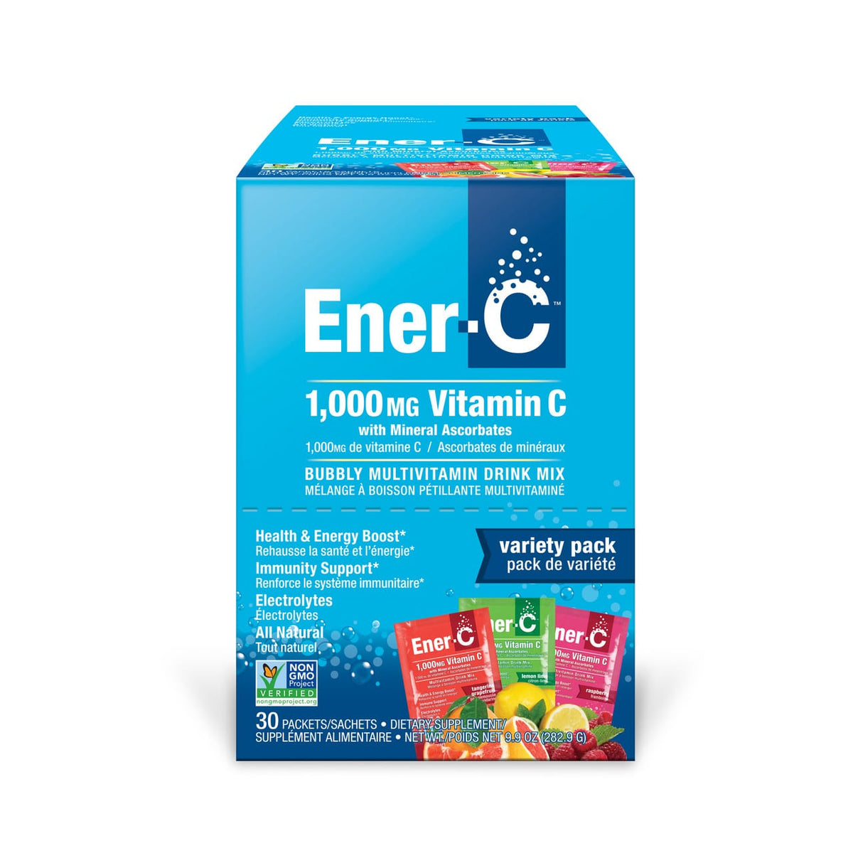 A box of Ener-C 1,000 MG Vitamin C variety pack drink mix sachets, featuring a bright blue packaging design with white and dark blue text and small illustrations of colorful packets.