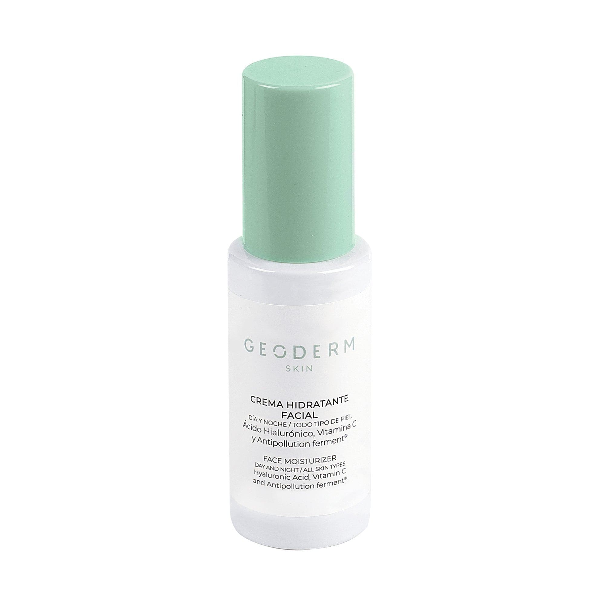 Geoderm face moisturizer bottle with green cap on a white background