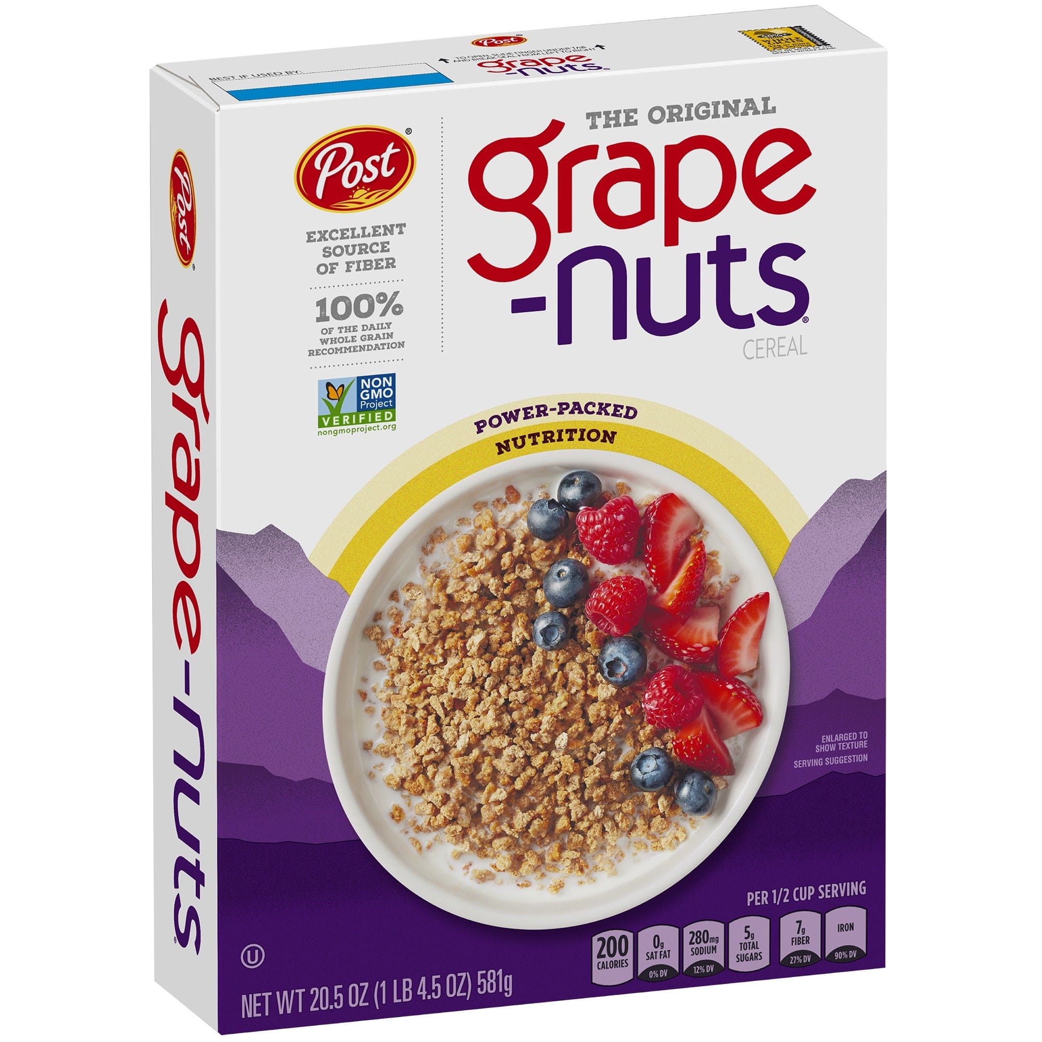 Box of Post Grape-Nuts cereal with a bowl of cereal and berries on a white background