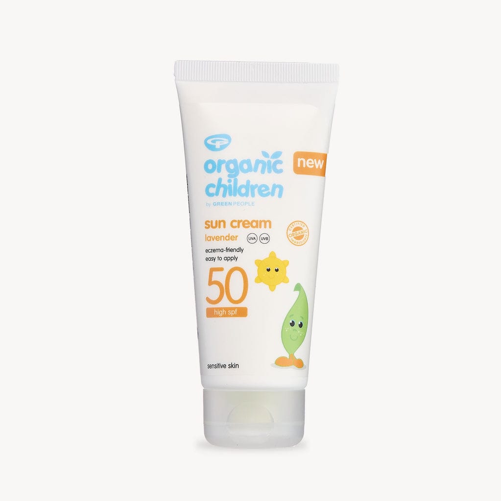 Sun cream tube for children with SPF 50 on a white background