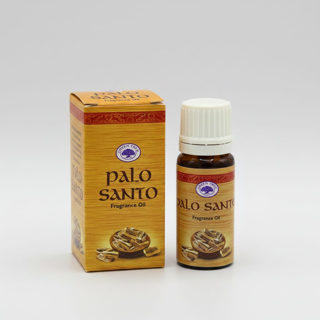 A bottle of Palo Santo fragrance oil next to its matching wooden box packaging, featuring a white cap and a label with a white tree logo.