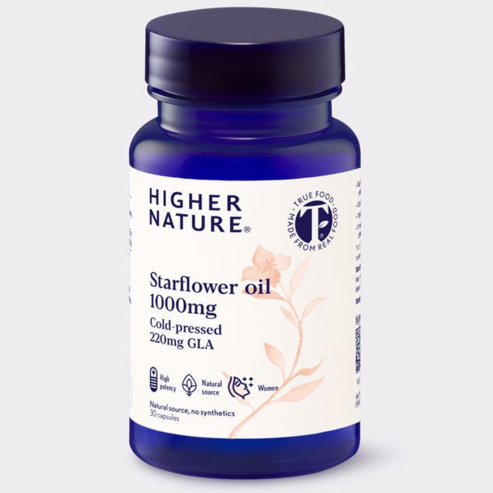 Bottle of Higher Nature Starflower oil 1000mg on a white background