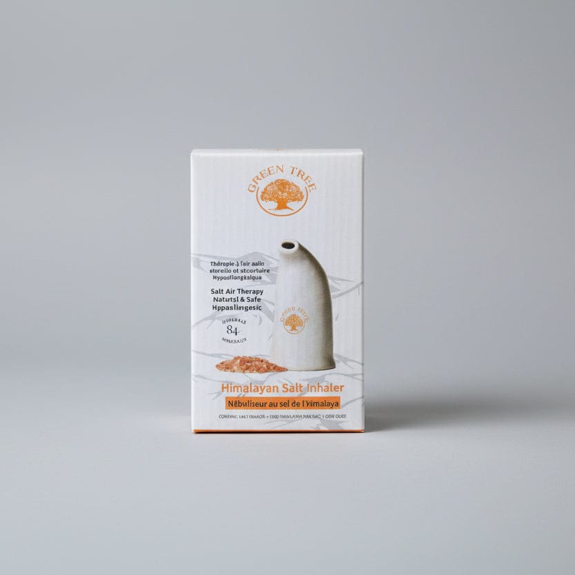 Packaging of a Himalayan salt inhaler with 'Green Tree' branding on a white background.
