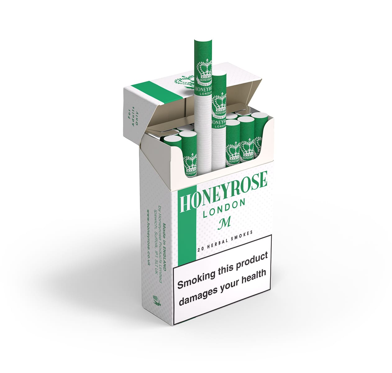 Box of Honeyrose menthol herbal cigarettes with green and white packaging on a white background