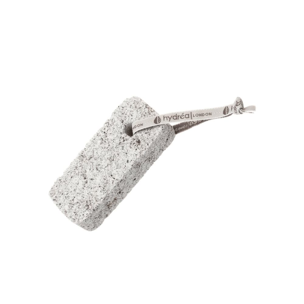 Pumice stone with a strap labeled 'hydrea London' on a white background