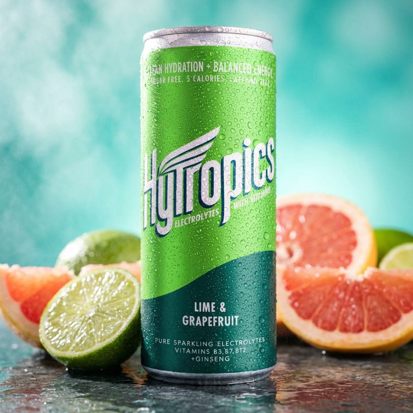 Hytropics lime and grapefruit drink can with fruits on a teal background