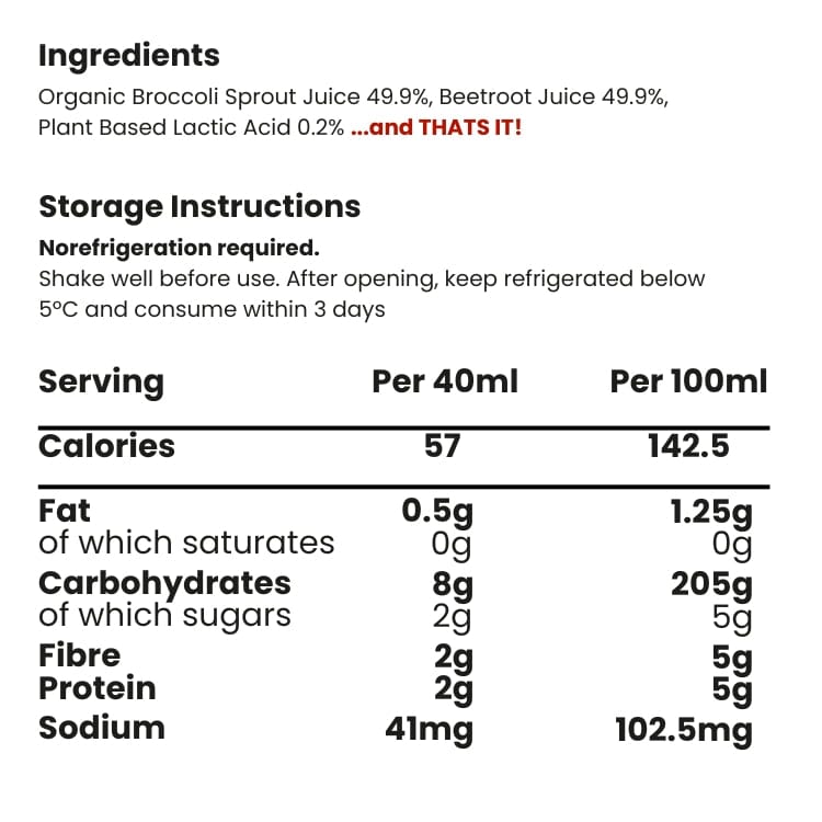 Nutritional information and storage instructions for a product with organic broccoli sprout juice.