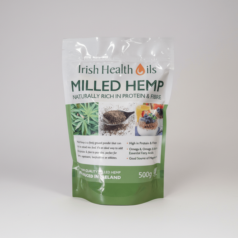 Irish Health Oils Milled Hemp packaging on a white background