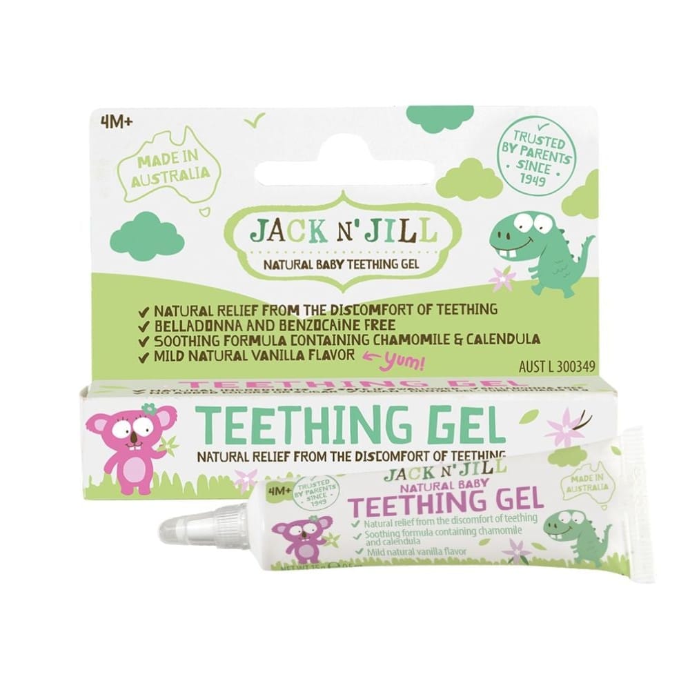 Jack 'N Jill Natural Baby Teething Gel shown with its retail box and a single squeeze tube on a plain white background.