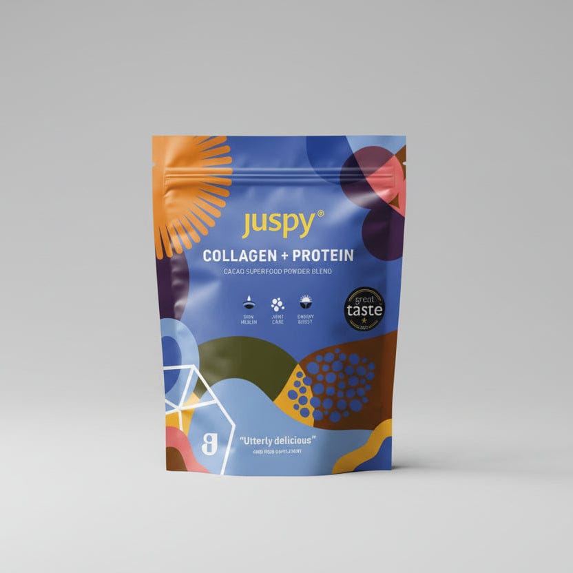 Juspy collagen + protein package on a white background