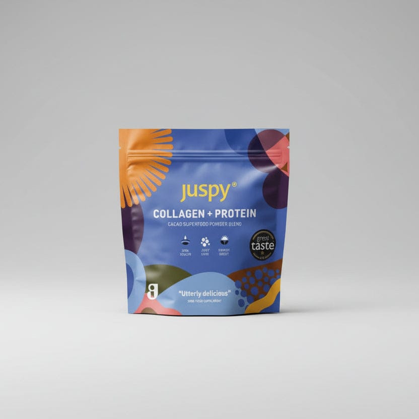 Juspy collagen + protein package with colorful design on a white background