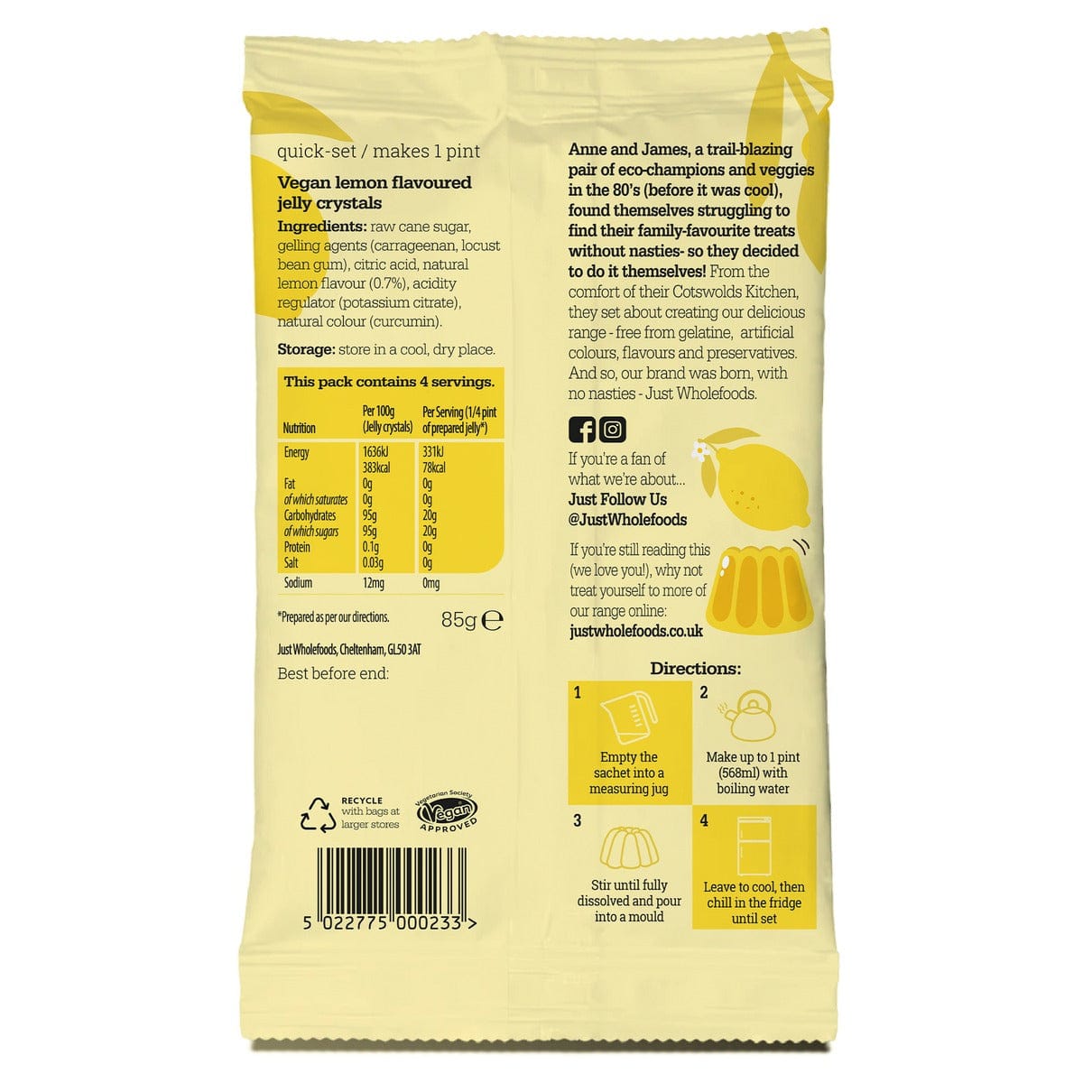 Back of a yellow jelly crystal package with text and a lemon illustration on a white background