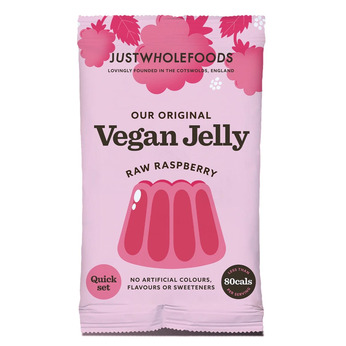 Pack of Just Wholefoods Vegan Jelly in raw raspberry flavor on a white background