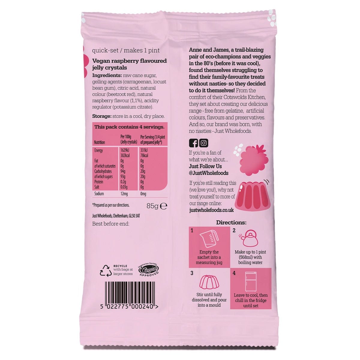 Pink packaging of Just Wholesome Foods jelly crystals with text and graphics on a white background