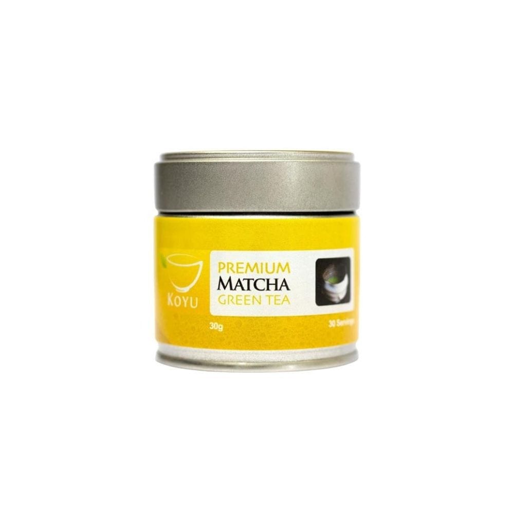 Canister of Koyu Premium Matcha Green Tea on a white background
