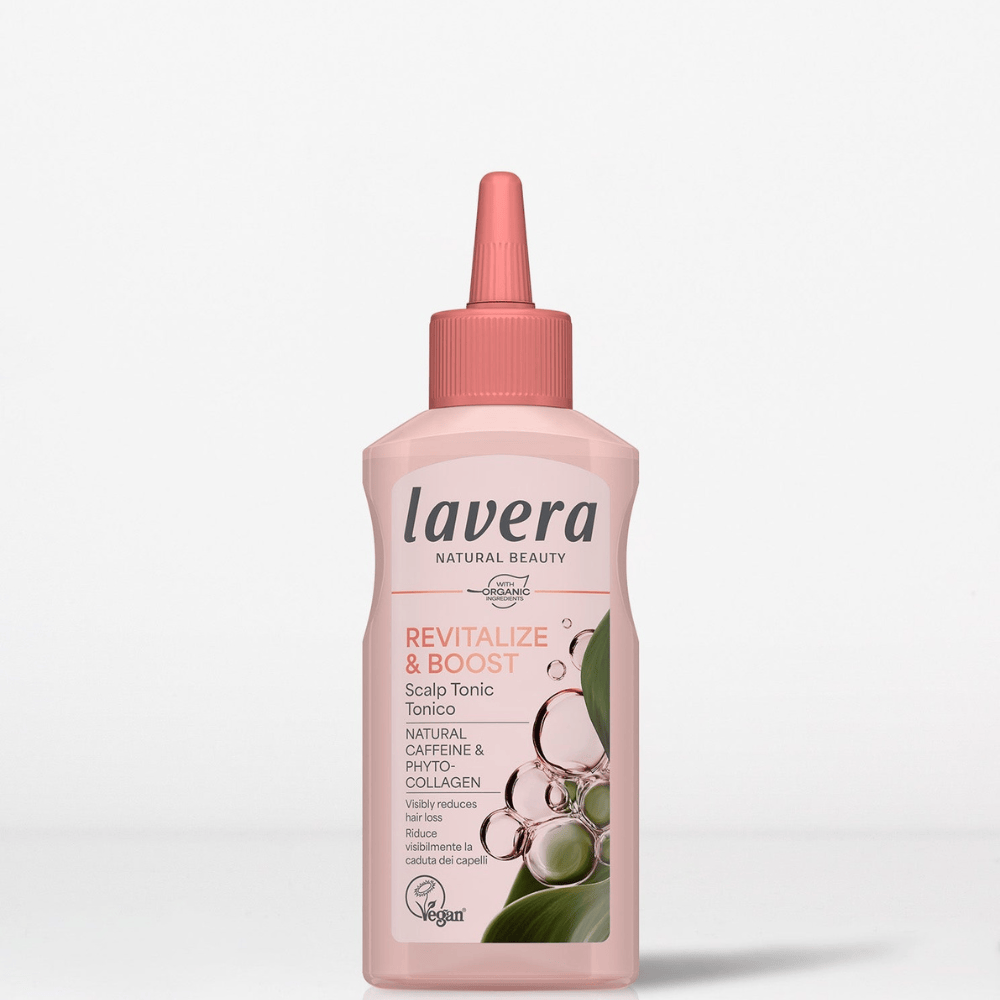 Lavera Revitalize & Boost Scalp Tonic in a light pink bottle with a pink cap, shown on a light gray background.