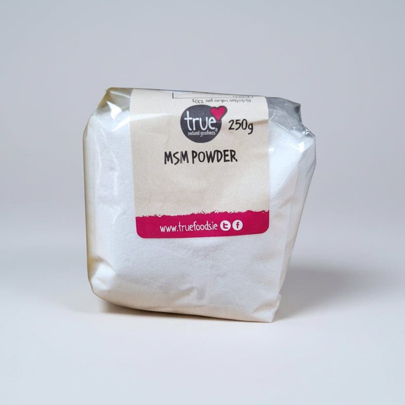 Bag of MSM powder with 'true foodie' label on a white background