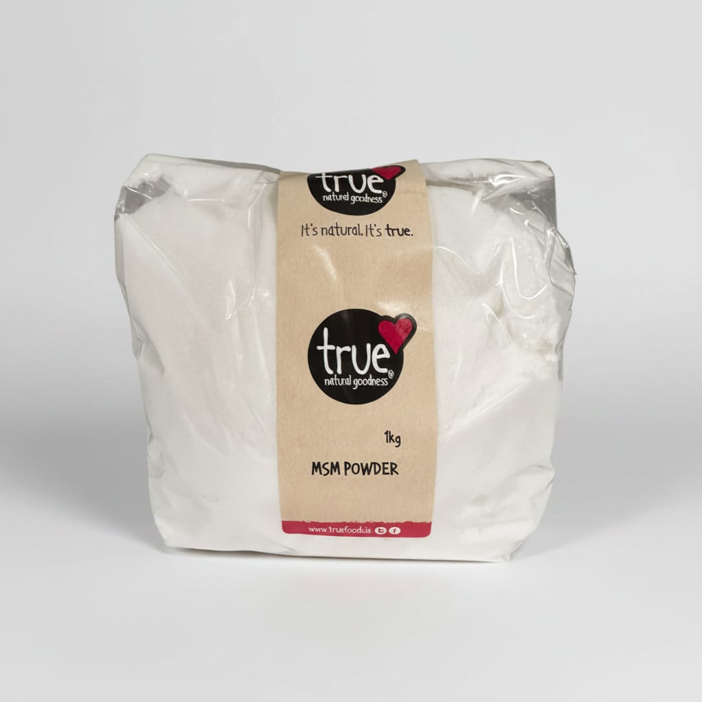 A 1kg bag of True Natural Goodnesses MSM Powder, packaged in a clear plastic bag with a beige paper label featuring the brand logo.