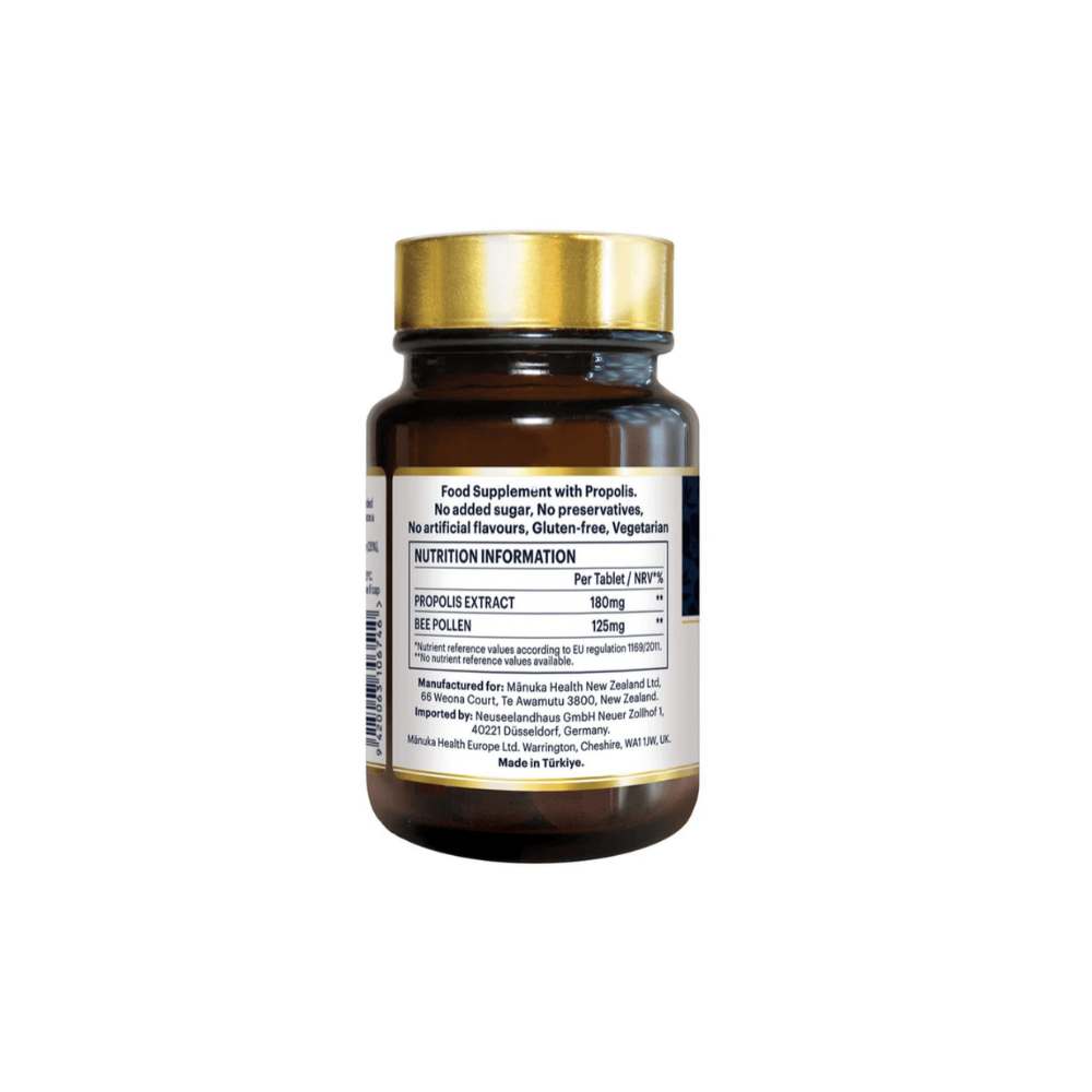 A dark amber brown supplement bottle with a metallic gold cap, showing the back label with nutrition information and text for 'Propolis' by Möhühl Health on a plain white background.