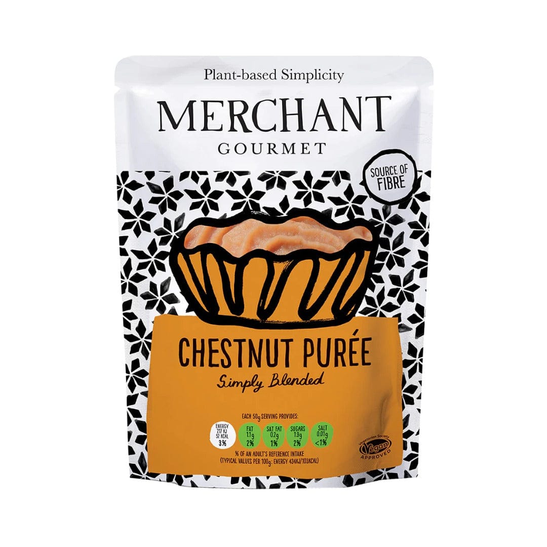 Packaging of Merchant Gourmet Chestnut Puree on a white background