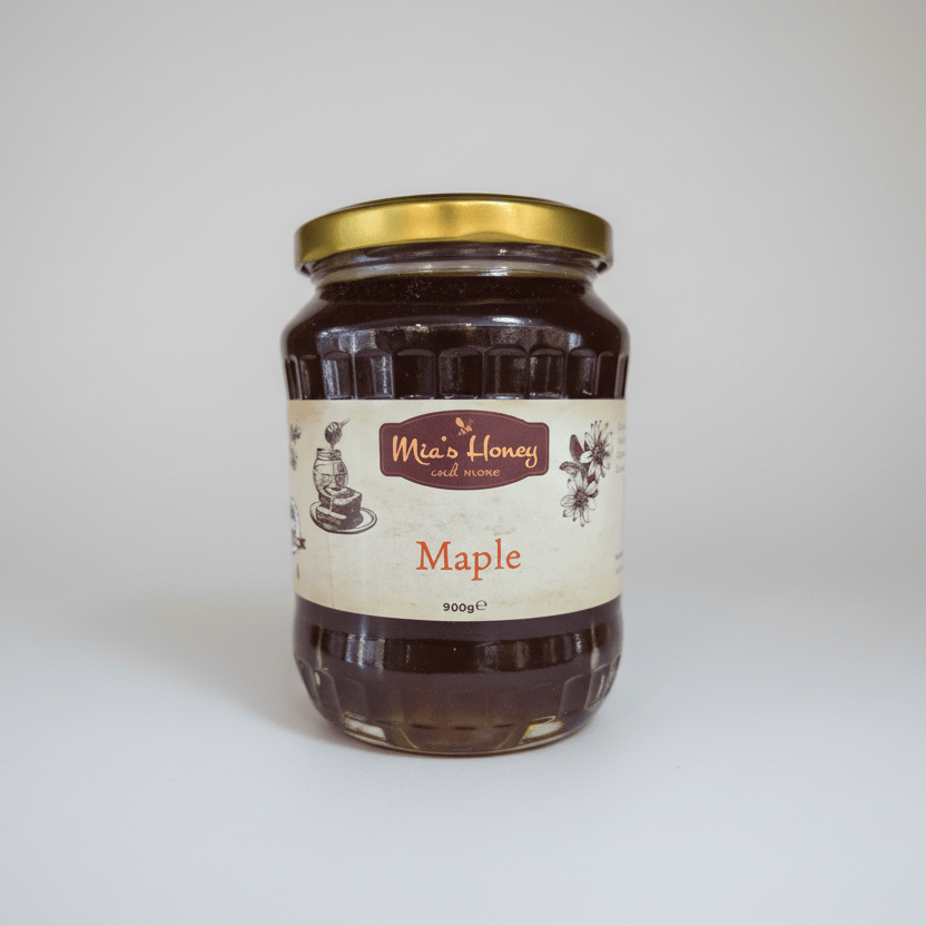 Jar of Mia's Honey with a gold lid on a white background