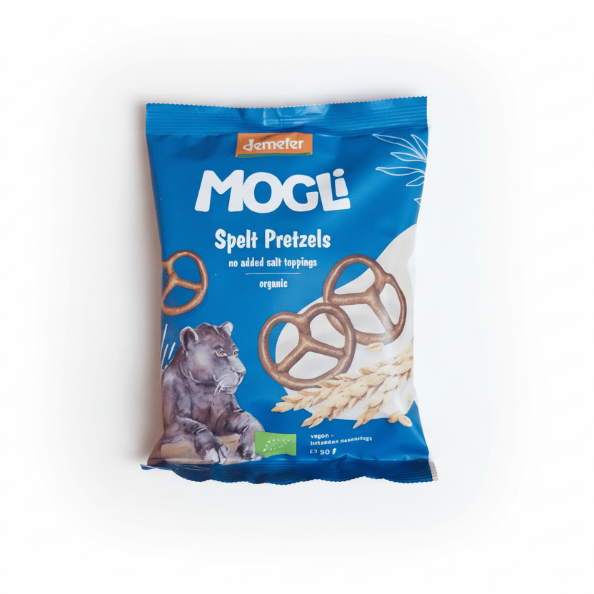 Packaging of Mogli Spelt Pretzels with a blue background