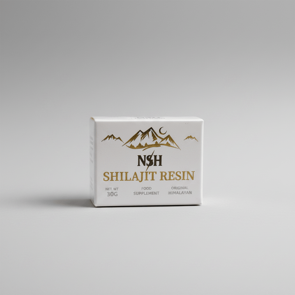 NSH Shilajit Resin 30g food supplement box, featuring a minimalist black mountain and moon logo on a light beige background.