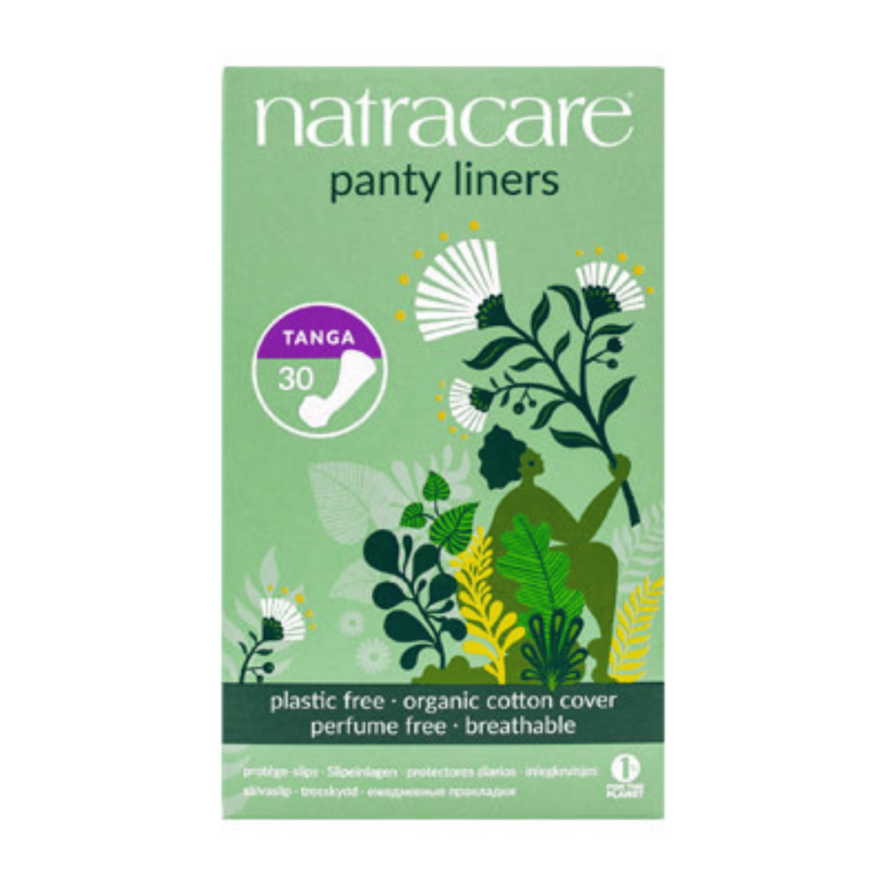 A package of Natracare Panty Liners in the Tanga 30 size, featuring a light green box with botanical illustrations and a purple circular badge.