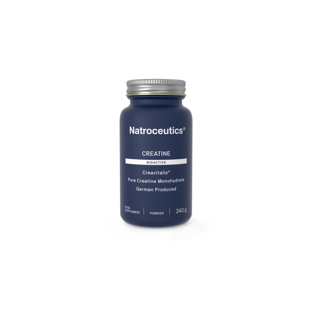 A dark blue bottle of Natroceutics Creatine powder with a silver metal cap, centered on a clean white background.