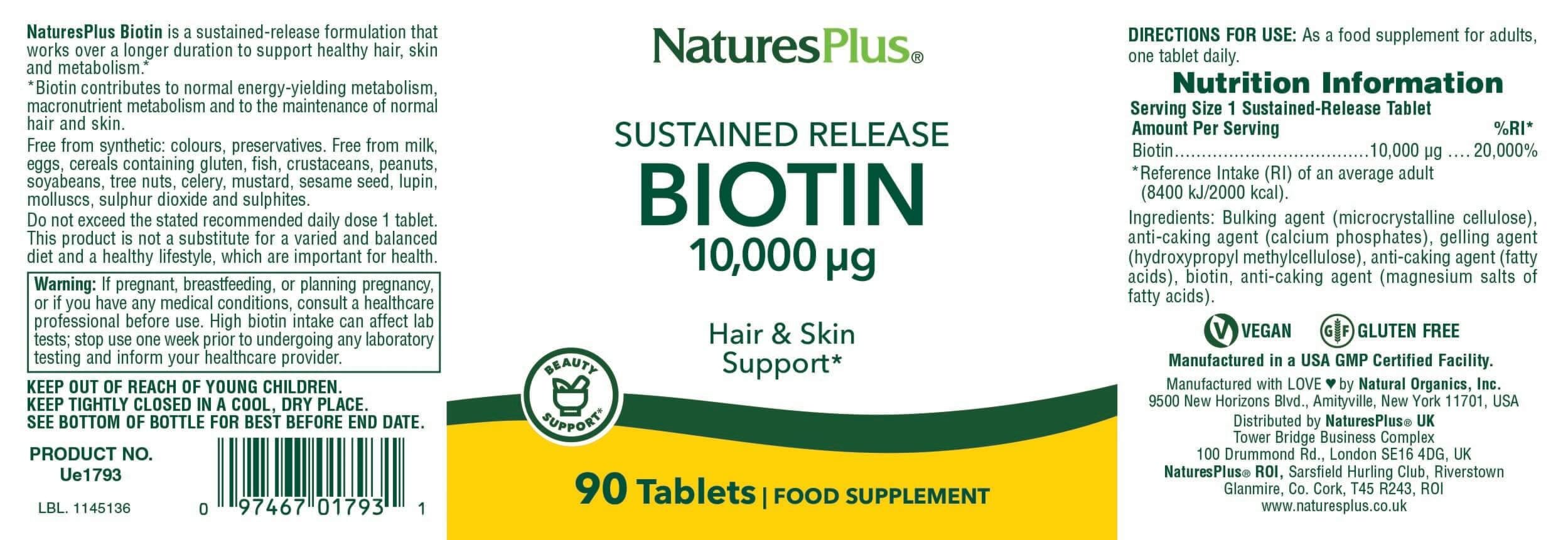 Natures Plus Biotin 10,000 µg 90 Tabs back